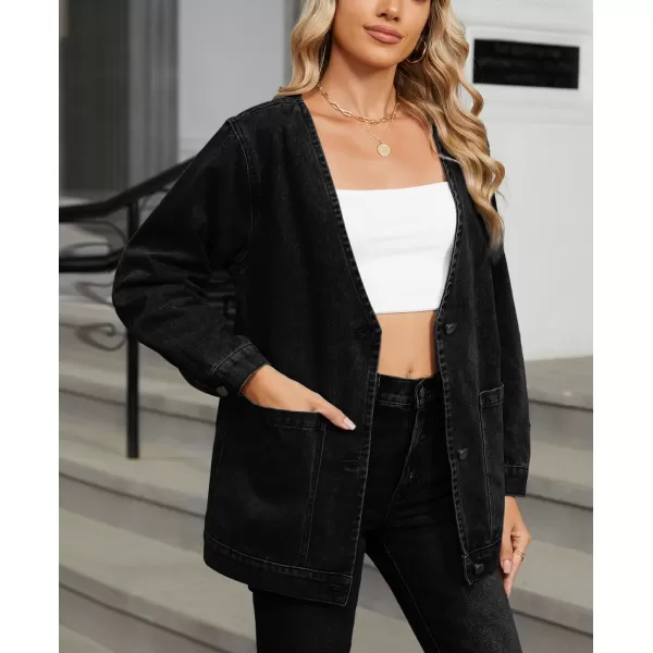 chouyatou Womens Fall VNeck Button Down Denim Jacket Boyfriend Oversized Casual Jean Jacket CardiganBlack