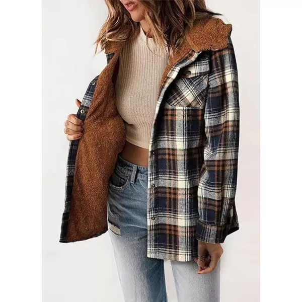 chouyatou Womens Fall Winter Sherpa Lined Plaid Jacket Loose Casual Button Down Checkered Hooded CoatNavy Blue