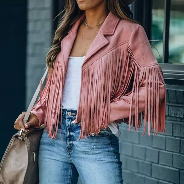 chouyatou Womens Fashion Notched Collar OpenFront Fringed Performance Moto Faux Suede Leather Crop Jacket CoatPink