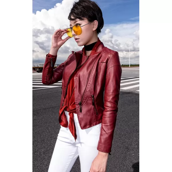 chouyatou Womens Fashion Tailored ZipUp Faux Leather Quilted Racer JacketDark Red