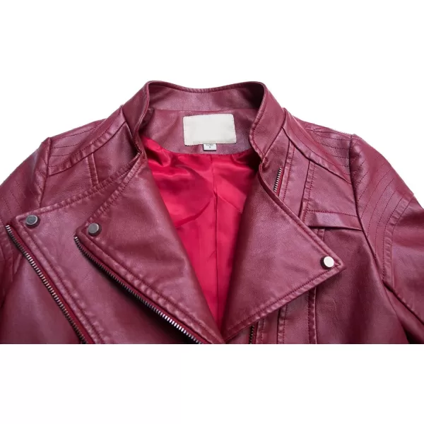 chouyatou Womens Fashion Tailored ZipUp Faux Leather Quilted Racer JacketDark Red