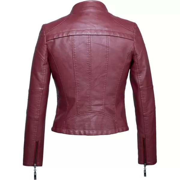 chouyatou Womens Fashion Tailored ZipUp Faux Leather Quilted Racer JacketDark Red