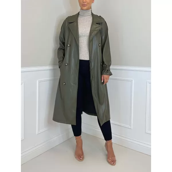 chouyatou Womens Faux Leather Trench Coat Lapel Double Breasted Pu Leather Long Jacket with BeltArmy Green