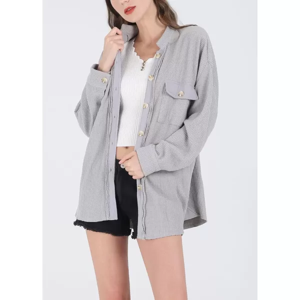 chouyatou Womens Loose Fit Batwing Sleeve Waffle Knit Button Down Shirt Shacket TopsLight Grey