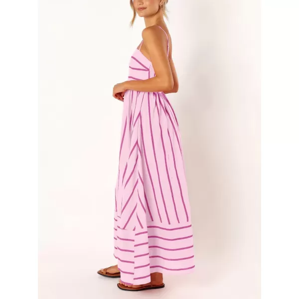 chouyatou Womens Striped Back Smocked Maxi Dress Sexy Spaghetti Strap Cut Out Flowy Swing Long DressPink
