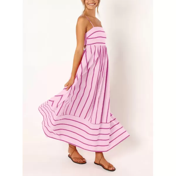 chouyatou Womens Striped Back Smocked Maxi Dress Sexy Spaghetti Strap Cut Out Flowy Swing Long DressPink