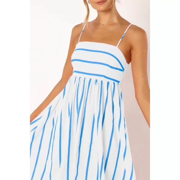chouyatou Womens Striped Back Smocked Maxi Dress Sexy Spaghetti Strap Cut Out Flowy Swing Long DressWide Blue White