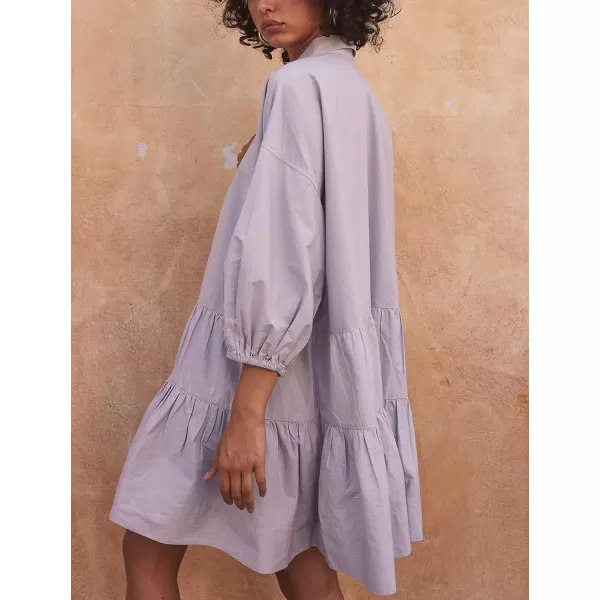 chouyatou Womens Summer Puff Sleeve Tiered Tunic Babydoll Dress Cute Mini Button Down Shirt DressPurple