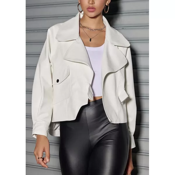 chouyatou Womens Vintage Pu Faux Leather Jacket Oversized Notch Lapel Collar Cropped Short Jacket CoatWhite