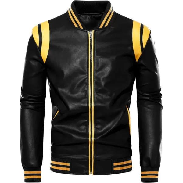 chouyatou Mens Casual ColorBlock Patches Full Zip Fleece Lined Pu Leather Varsity Bomber JacketBlackyellow