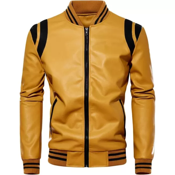 chouyatou Mens Casual ColorBlock Patches Full Zip Fleece Lined Pu Leather Varsity Bomber JacketYellow