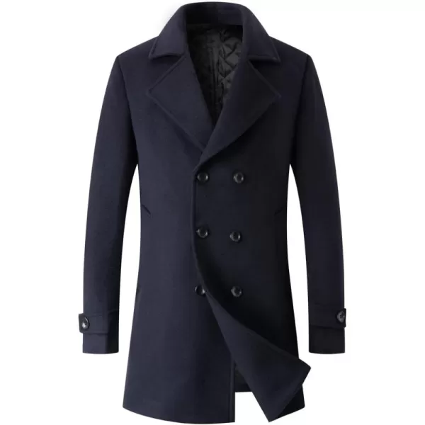 chouyatou Mens Classic Double Breasted Wool Blend Pea Coat Mid Long Trench CoatNavy Blue