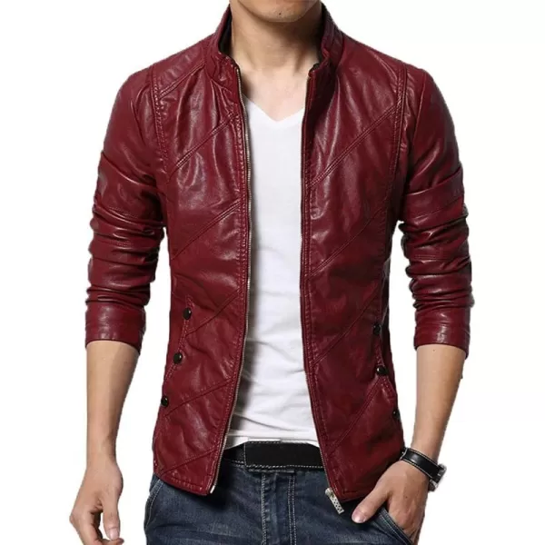 chouyatou Mens Cool Stylish Slim Fit Stand Collar Lightweight Bomber Faux Leather Jacket CoatWine Red
