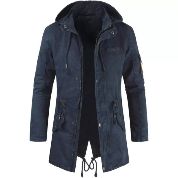 chouyatou Mens Spring Military FullZip Removable Hooded Cotton MidLong Parka Jacket CoatNavy Blue