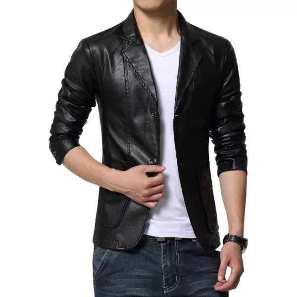chouyatou Mens Stylish 2 Button Faux Leather Suit Blazer Jacket Sport CoatBlack