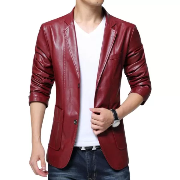 chouyatou Mens Stylish 2 Button Faux Leather Suit Blazer Jacket Sport CoatRed
