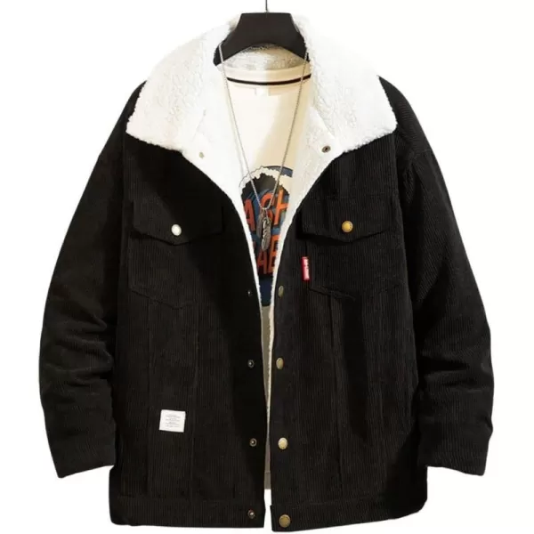 chouyatou Mens Vintage Lapel Sherpa Lined Button Down Corduroy Trucker JacketBlack