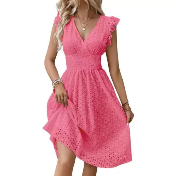 chouyatou Womens 2024 Eyelet Lace Embroidery Smocked Waist Party Dress Sexy Flutter Sleeve A Line Midi Long Sun DressDark Pink