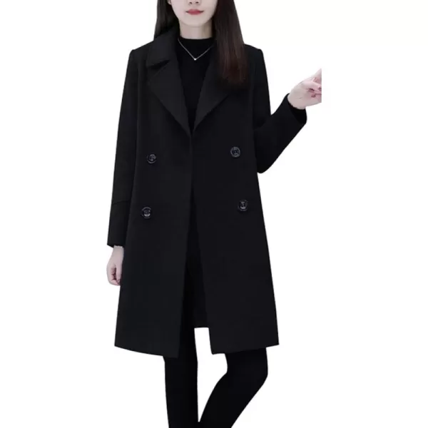 chouyatou Womens Basic Essential Double Breasted MidLong Wool Blend Pea CoatBlack