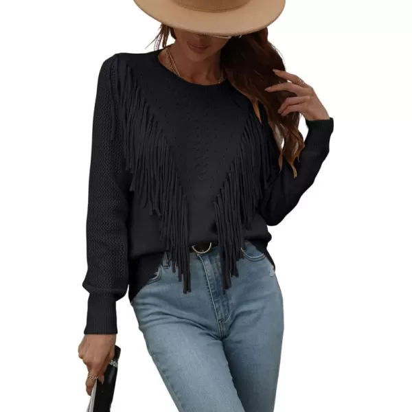 chouyatou Womens Casual Crewneck Fringe Tassel Knitted Pullover Sweater Jumper TopsBlack