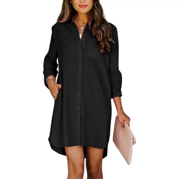 chouyatou Womens Casual Loose Fit Long Sleeve Solid Striped Button Down Shirts DressesBlack
