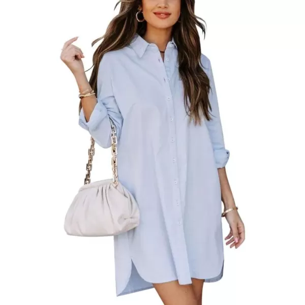 chouyatou Womens Casual Loose Fit Long Sleeve Solid Striped Button Down Shirts DressesBlue