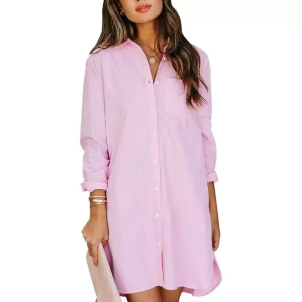 chouyatou Womens Casual Loose Fit Long Sleeve Solid Striped Button Down Shirts DressesPink