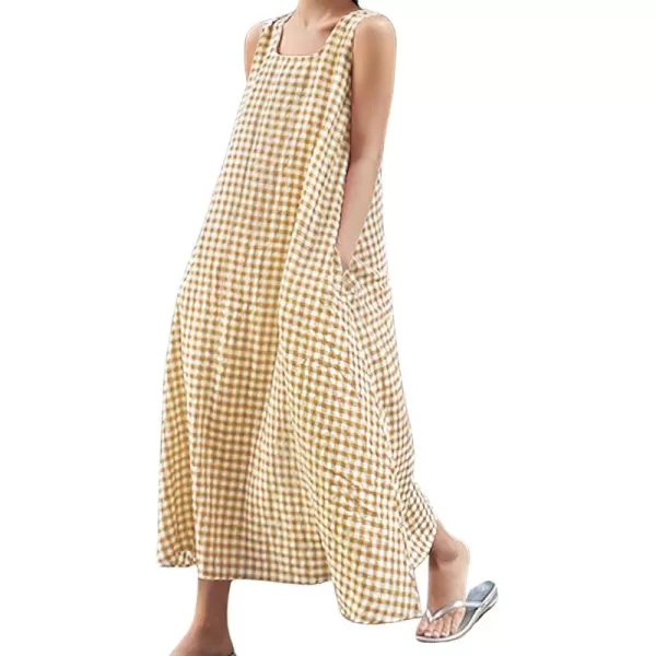 chouyatou Womens Casual LooseFit Cotton and Linen Plaid Tank Maxi Dress with PocketsKhaki