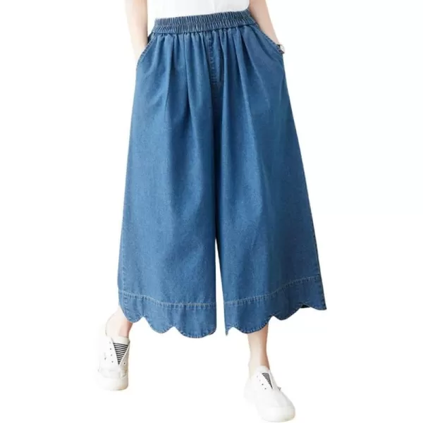 chouyatou Womens Cute Scalloped Hem Baggy Capri Jeans Wide Leg Elastic Waist Cropped Denim Pants with PocketsLight Blue