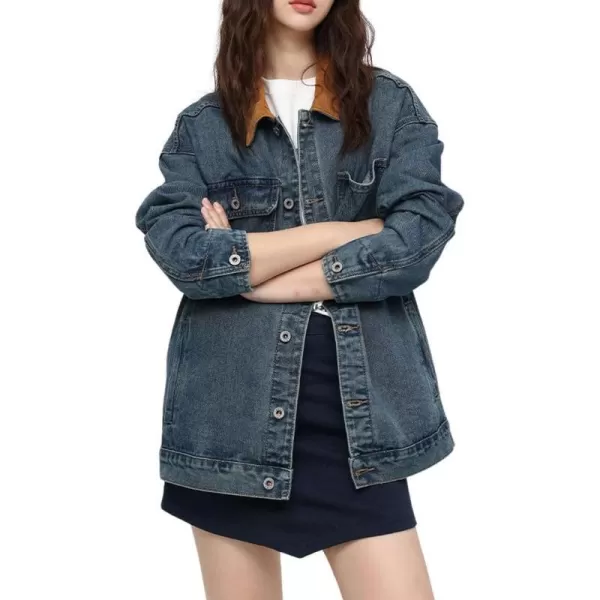 chouyatou Womens Fall Vintage Contrast Color Collar Button Down Denim Jacket Casual Oversized Boyfriend Jean JacketBlue