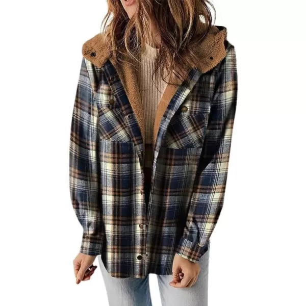 chouyatou Womens Fall Winter Sherpa Lined Plaid Jacket Loose Casual Button Down Checkered Hooded CoatNavy Blue