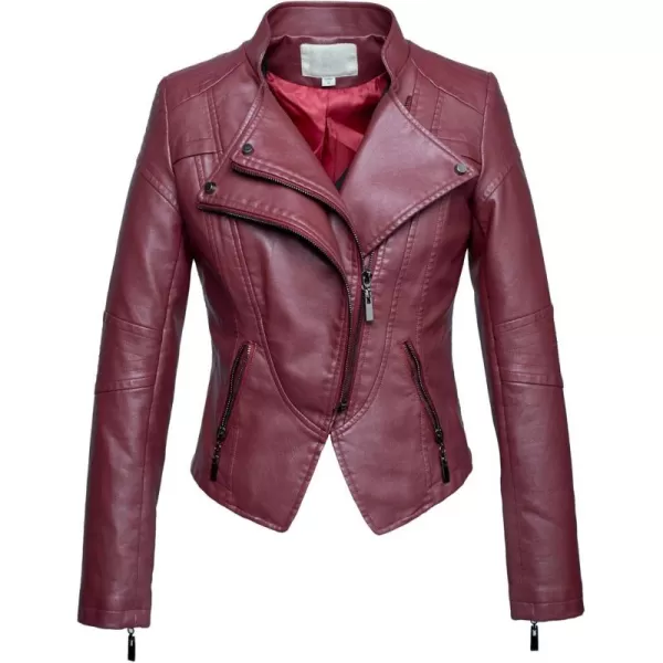 chouyatou Womens Fashion Tailored ZipUp Faux Leather Quilted Racer JacketDark Red