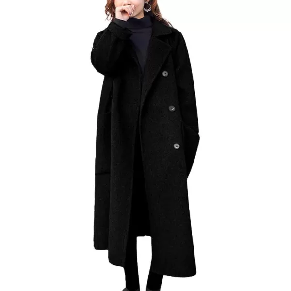 chouyatou Womens Slouchy Drop Shoulder Double Breasted Maxi Long Wool Pea CoatBlack