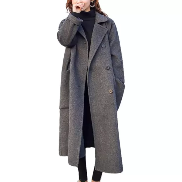 chouyatou Womens Slouchy Drop Shoulder Double Breasted Maxi Long Wool Pea CoatDark Grey