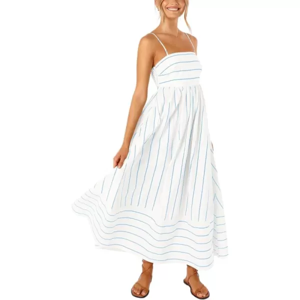 chouyatou Womens Striped Back Smocked Maxi Dress Sexy Spaghetti Strap Cut Out Flowy Swing Long DressBlue White