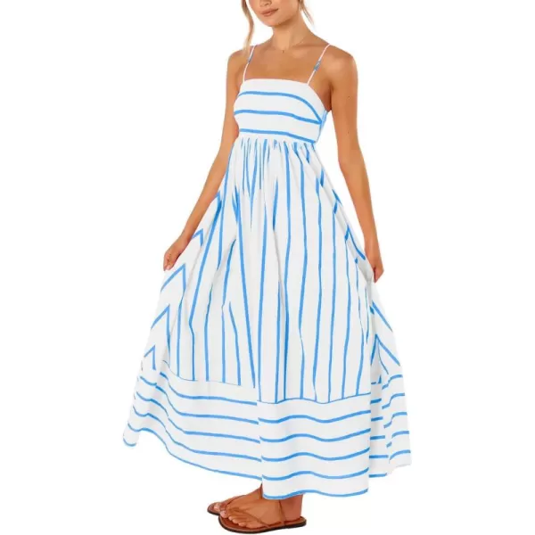 chouyatou Womens Striped Back Smocked Maxi Dress Sexy Spaghetti Strap Cut Out Flowy Swing Long DressWide Blue White