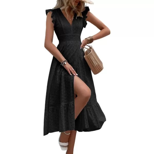 chouyatou Womens Summer Flutter Sleeve Embroidery Eyelet Lace Dress VNeck ALine Beach Sun DressBlack
