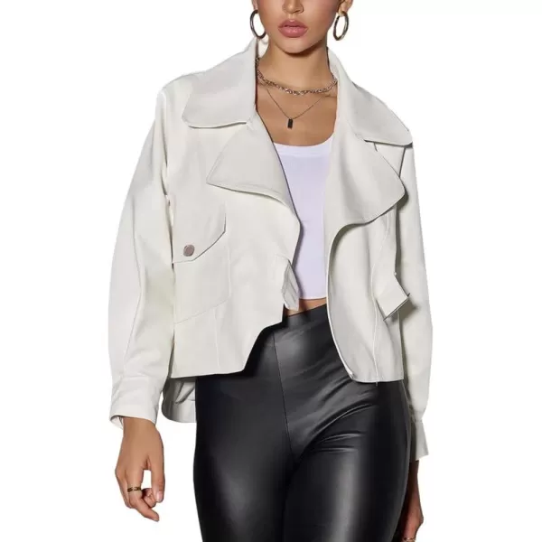 chouyatou Womens Vintage Pu Faux Leather Jacket Oversized Notch Lapel Collar Cropped Short Jacket CoatWhite