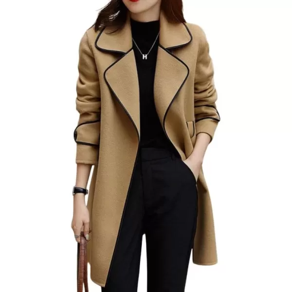 chouyatou Womens Winter Elegant Lapel Open Front Wool Coat Wool Blend Trench Pea Coat with BeltKhaki