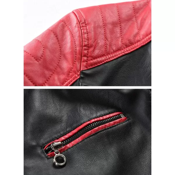 chouyatou Mens Casual Lightweight Color Block Moto Biker Faux Leather JacketRed