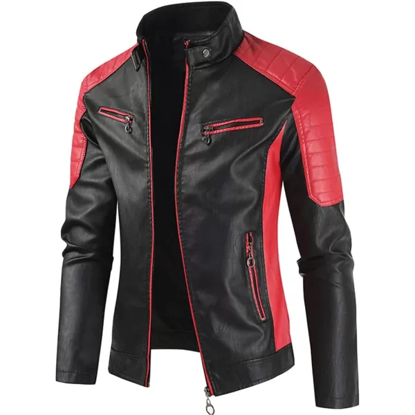 chouyatou Mens Casual Lightweight Color Block Moto Biker Faux Leather JacketRed