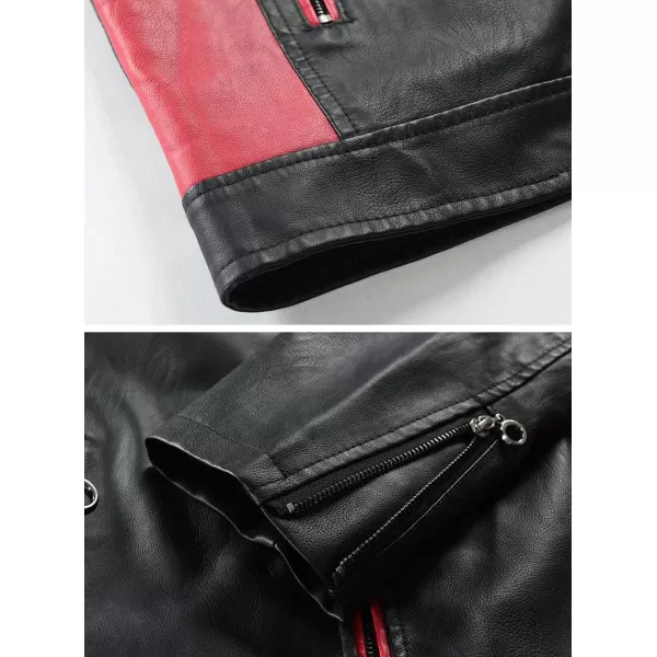 chouyatou Mens Casual Lightweight Color Block Moto Biker Faux Leather JacketRed