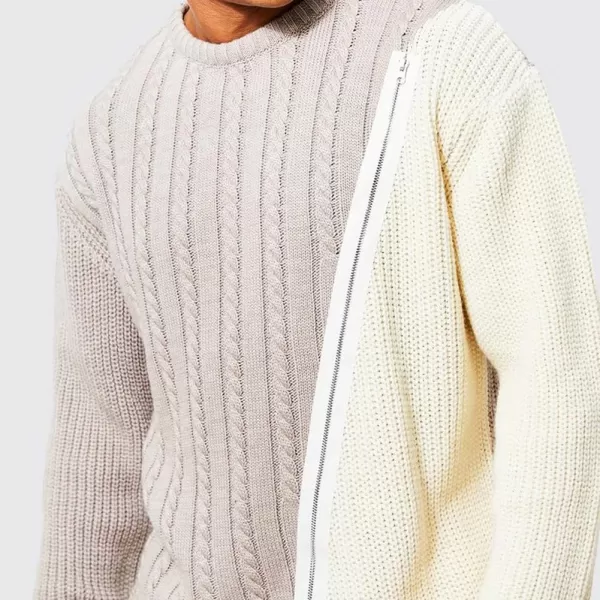 chouyatou Mens Color Block Spliced Zipper Decor Long Sleeve Cable Knit Pullover Sweater TopBeige Yellow