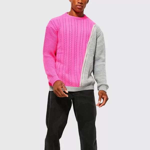 chouyatou Mens Color Block Spliced Zipper Decor Long Sleeve Cable Knit Pullover Sweater TopPink Gray