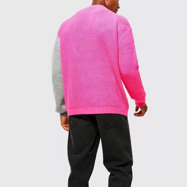 chouyatou Mens Color Block Spliced Zipper Decor Long Sleeve Cable Knit Pullover Sweater TopPink Gray