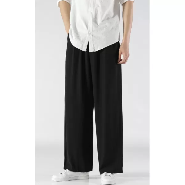 chouyatou Mens Summer Drawstring Elastic Waist Loose Fit Wide Legs Yoga Linen Palazzo Beach Pant PocketBlack