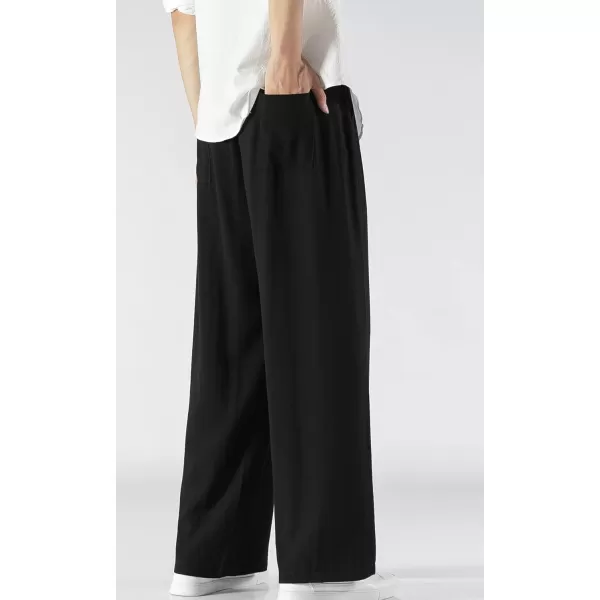 chouyatou Mens Summer Drawstring Elastic Waist Loose Fit Wide Legs Yoga Linen Palazzo Beach Pant PocketBlack