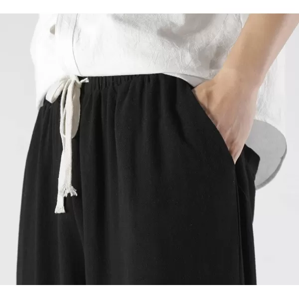 chouyatou Mens Summer Drawstring Elastic Waist Loose Fit Wide Legs Yoga Linen Palazzo Beach Pant PocketBlack