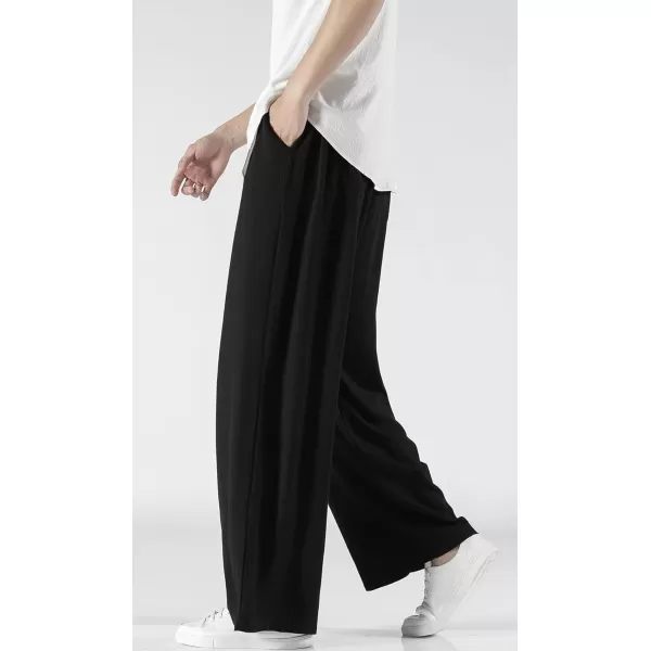 chouyatou Mens Summer Drawstring Elastic Waist Loose Fit Wide Legs Yoga Linen Palazzo Beach Pant PocketBlack
