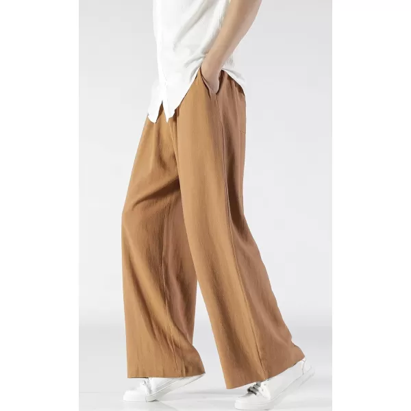 chouyatou Mens Summer Drawstring Elastic Waist Loose Fit Wide Legs Yoga Linen Palazzo Beach Pant PocketBrown